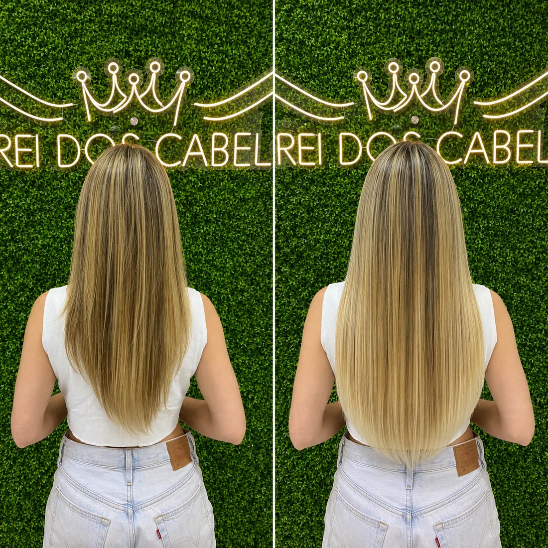 Antes e depois: cabelo loiro alongado e com mais volume após aplicação de mega hair