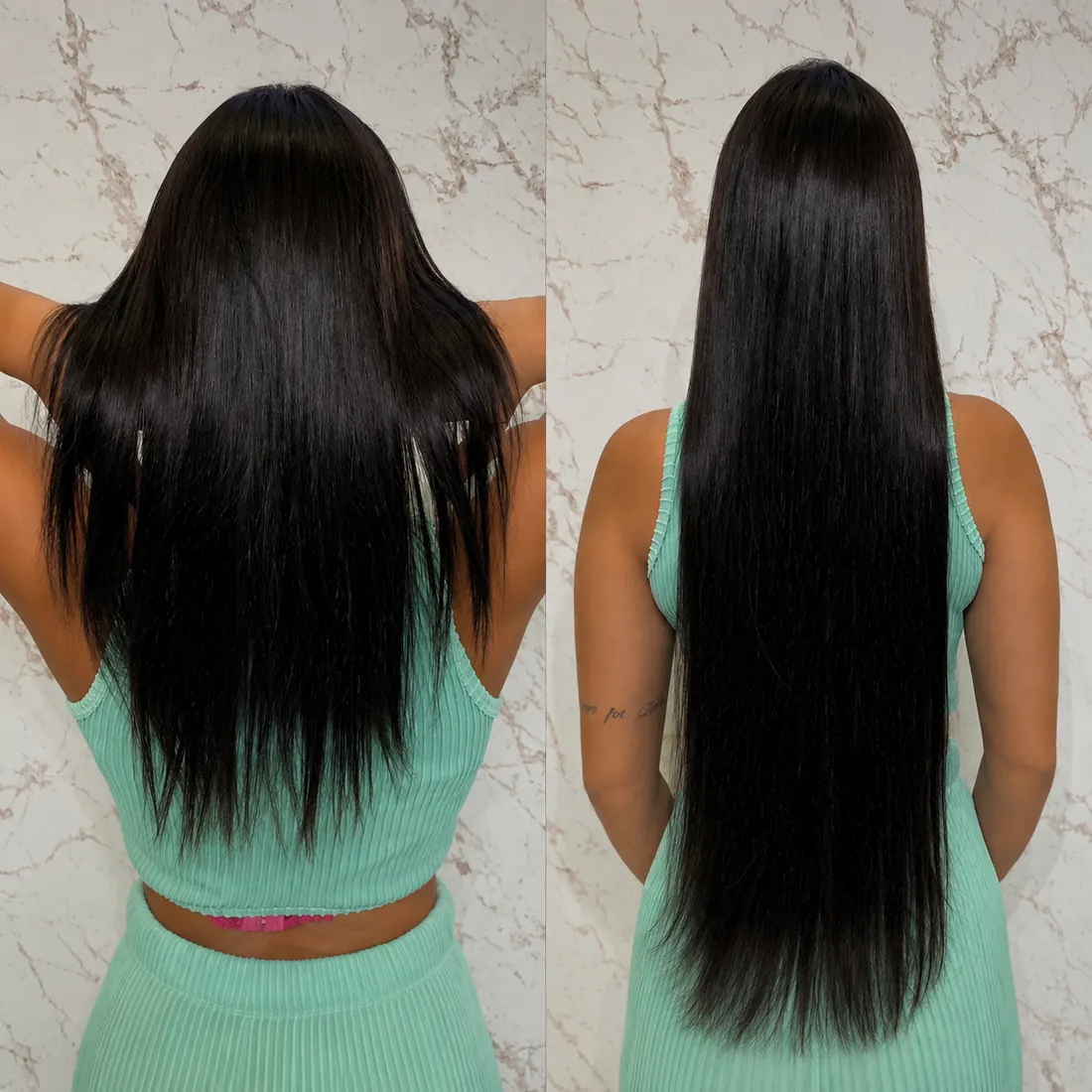 Antes e depois de aplicação de mega hair em cliente do estúdio