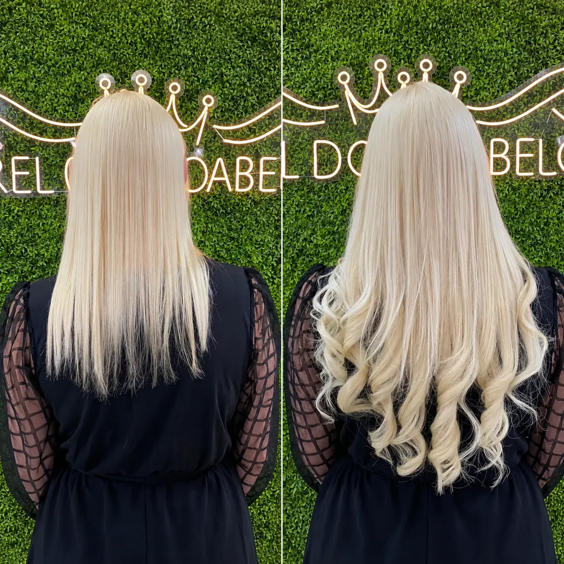 Antes e depois de aplicação de mega hair em cliente do estúdio