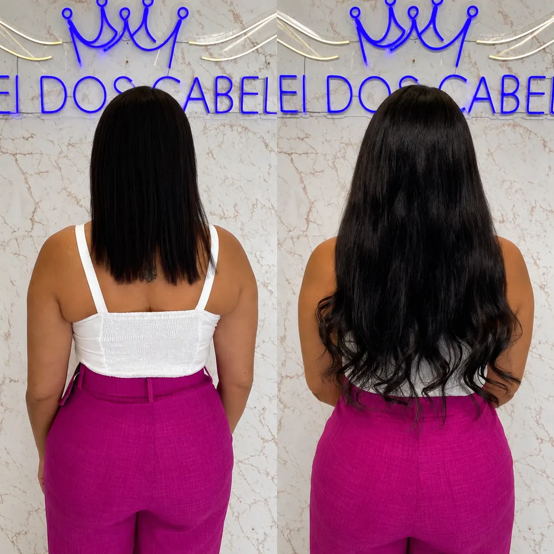 Antes e depois: cabelo escuro curto alongado com mega hair